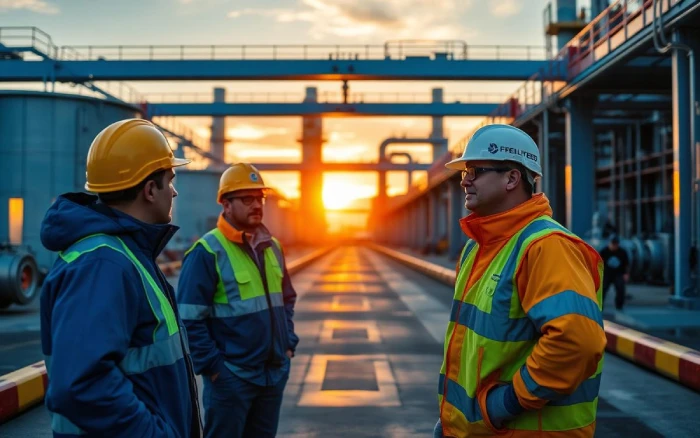 Engineers on site at an energy facility at golden hour