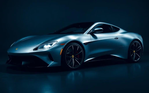 Silver sports car lit dramatically in a dark studio