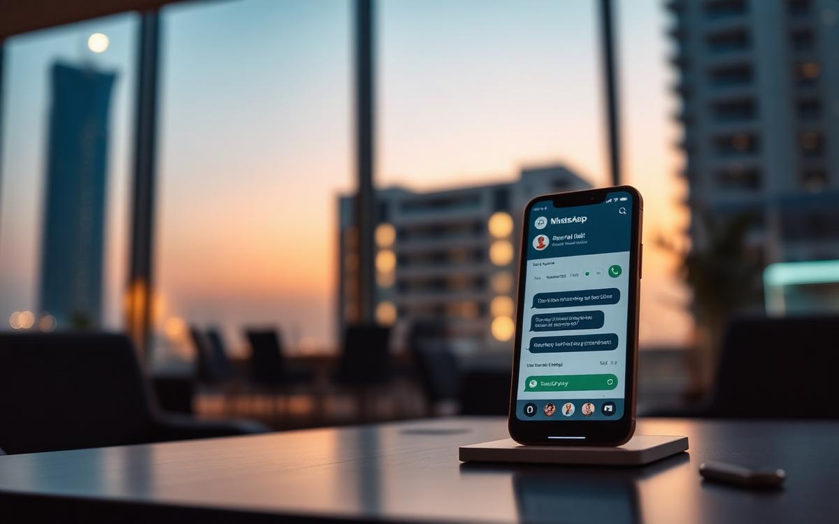 WhatsApp AI assistant running on a phone in a Doha real estate office at dusk